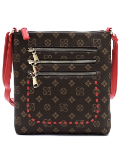 Monogrammed Whipstitch Multi Zip Pocket Crossbody Bag CS2744 BROWNRED